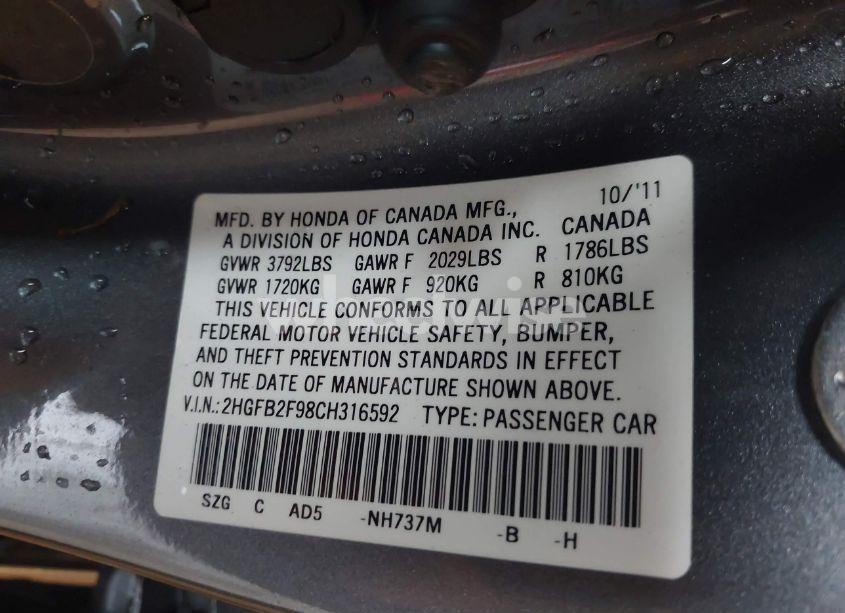 Photo 9 of 2012 Honda Civic EX-L (VIN 2HGFB2F98CH316592)