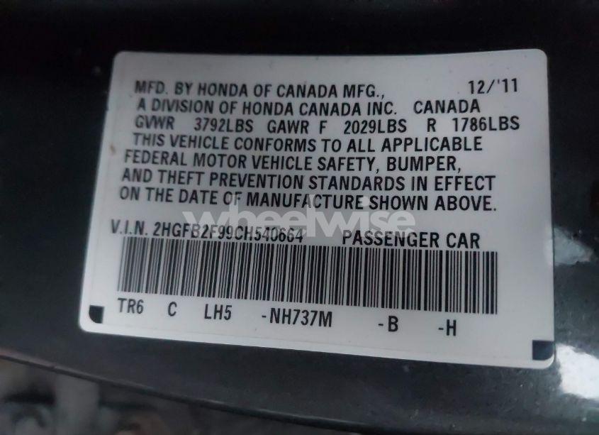 Photo 9 of 2012 Honda Civic SDN EX-L (VIN 2HGFB2F99CH540664)