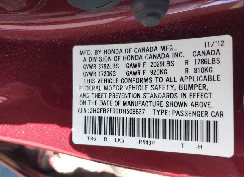 Photo 9 of 2013 Honda Civic EX-L (VIN 2HGFB2F99DH508637)