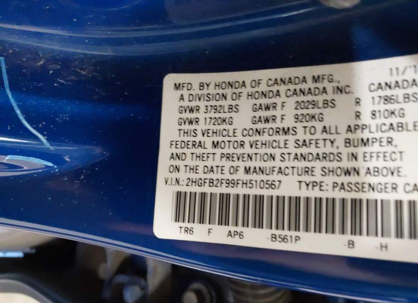Photo 9 of 2015 Honda Civic EX-L (VIN 2HGFB2F99FH510567)