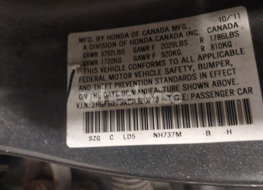 Photo 9 of 2012 Honda Civic EX-L (VIN 2HGFB2F9XCH320773)