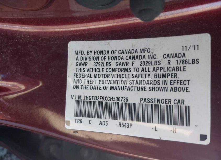 Photo 9 of 2012 Honda Civic EX-L (VIN 2HGFB2F9XCH536736)