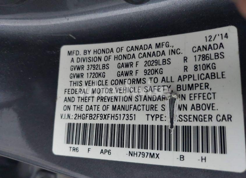 Photo 9 of 2015 Honda Civic EX-L (VIN 2HGFB2F9XFH517351)