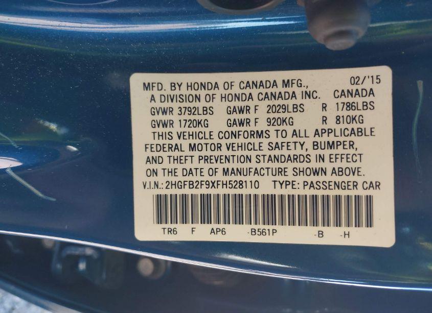 Photo 9 of 2015 Honda Civic EX-L (VIN 2HGFB2F9XFH528110)