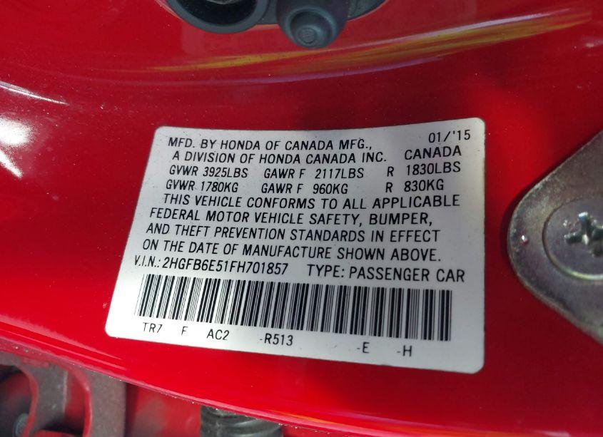 Photo 9 of 2015 Honda Civic SI (VIN 2HGFB6E51FH701857)