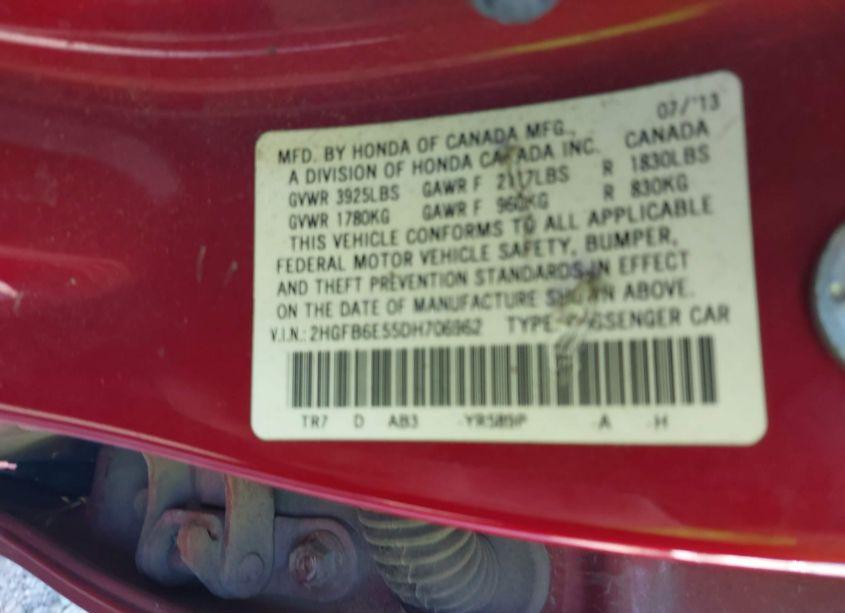 Photo 9 of 2013 Honda Civic SI (VIN 2HGFB6E55DH706962)