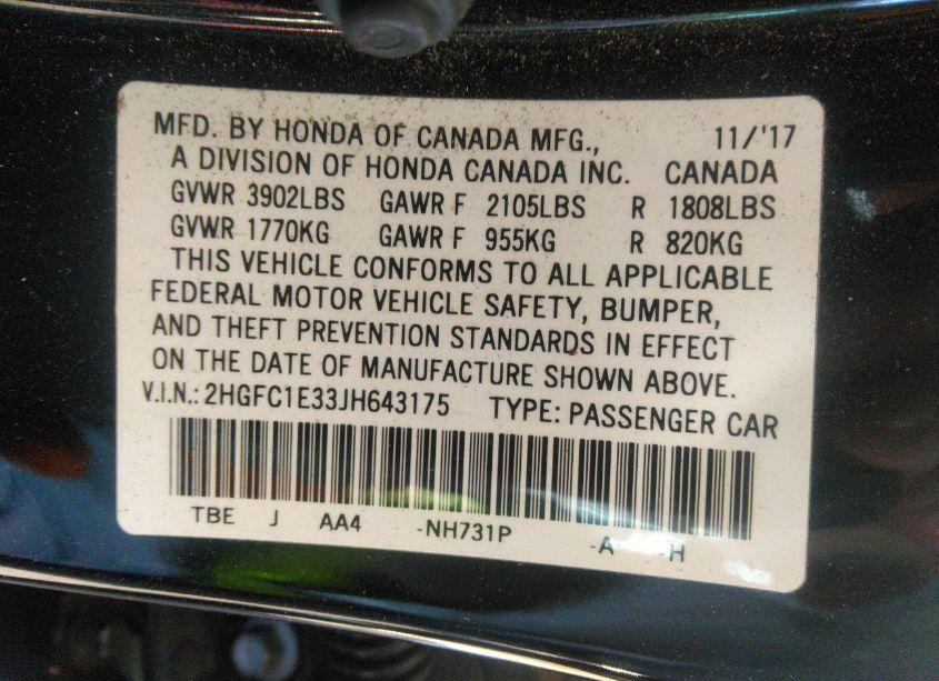 Photo 9 of 2018 Honda Civic EX-T (VIN 2HGFC1E33JH643175)