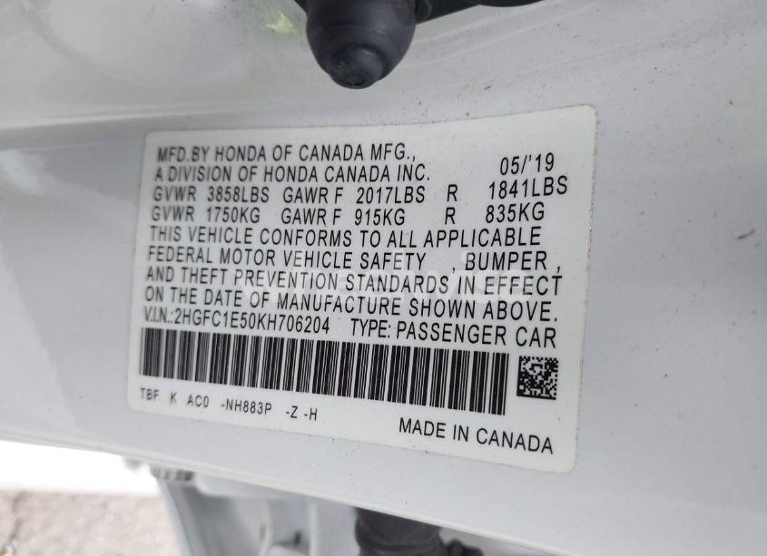 Photo 9 of 2019 Honda Civic SI (VIN 2HGFC1E50KH706204)