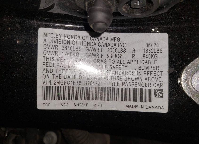 Photo 9 of 2020 Honda Civic SI SEDAN (VIN 2HGFC1E58LH704721)