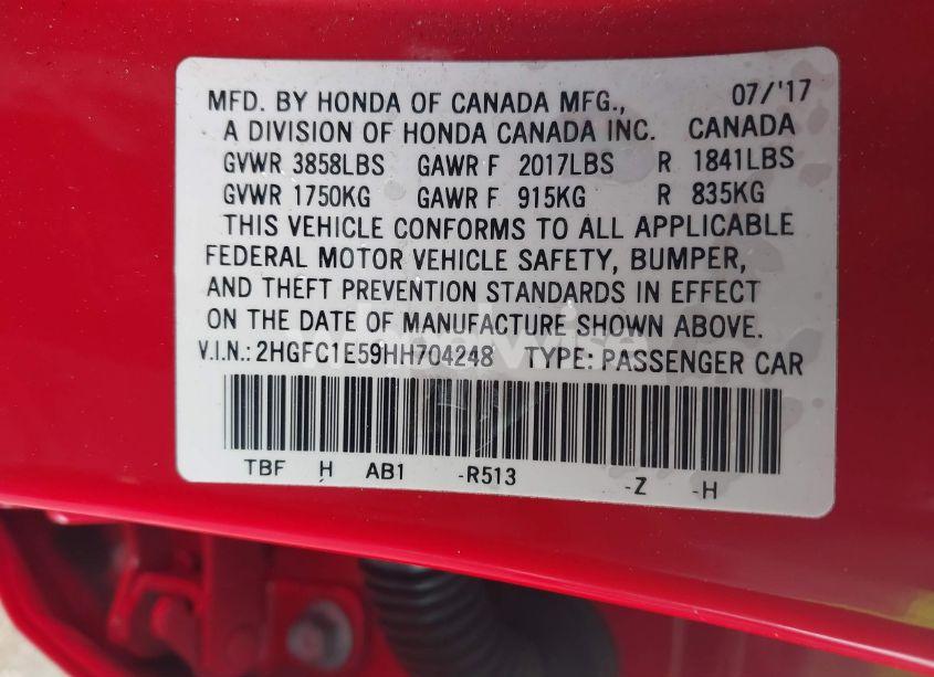 Photo 9 of 2017 Honda Civic SI (VIN 2HGFC1E59HH704248)