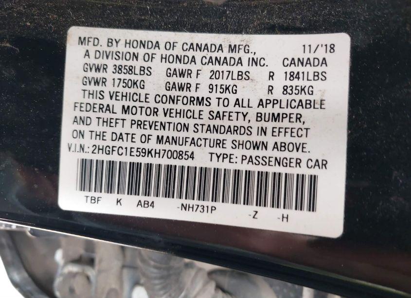 Photo 9 of 2019 Honda Civic SI (VIN 2HGFC1E59KH700854)