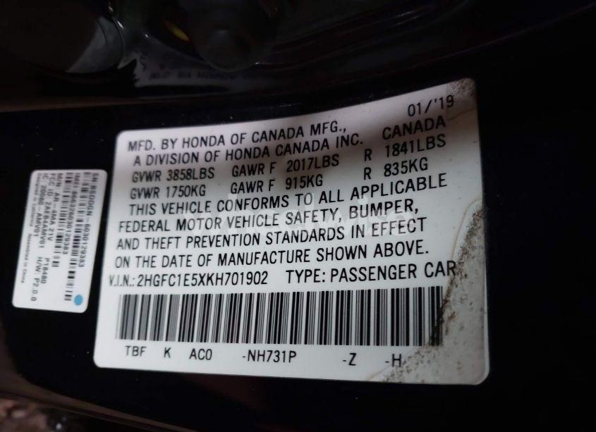 Photo 9 of 2019 Honda Civic SI (VIN 2HGFC1E5XKH701902)