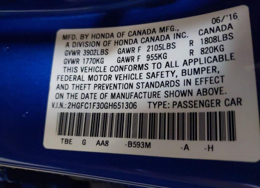 Photo 9 of 2016 Honda Civic EX-T (VIN 2HGFC1F30GH651306)