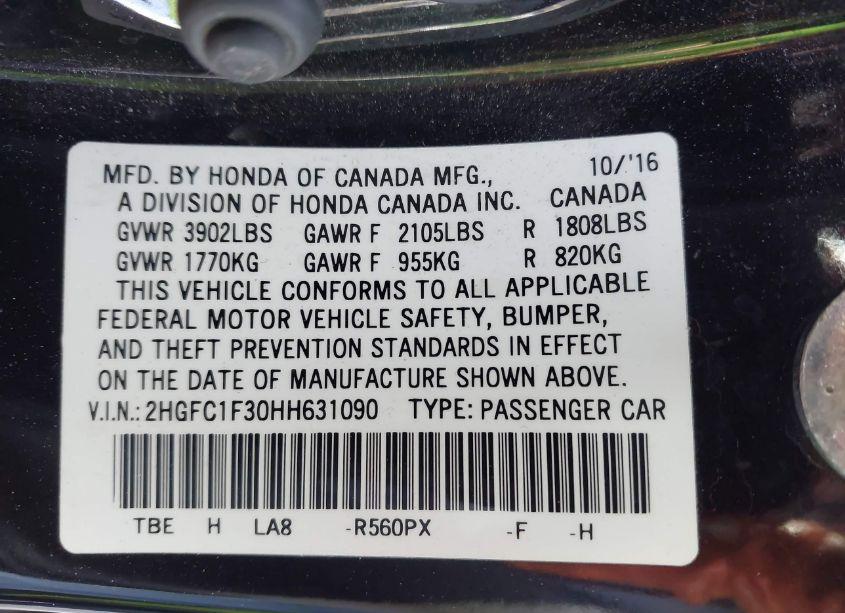 Photo 9 of 2017 Honda Civic EX-T (VIN 2HGFC1F30HH631090)