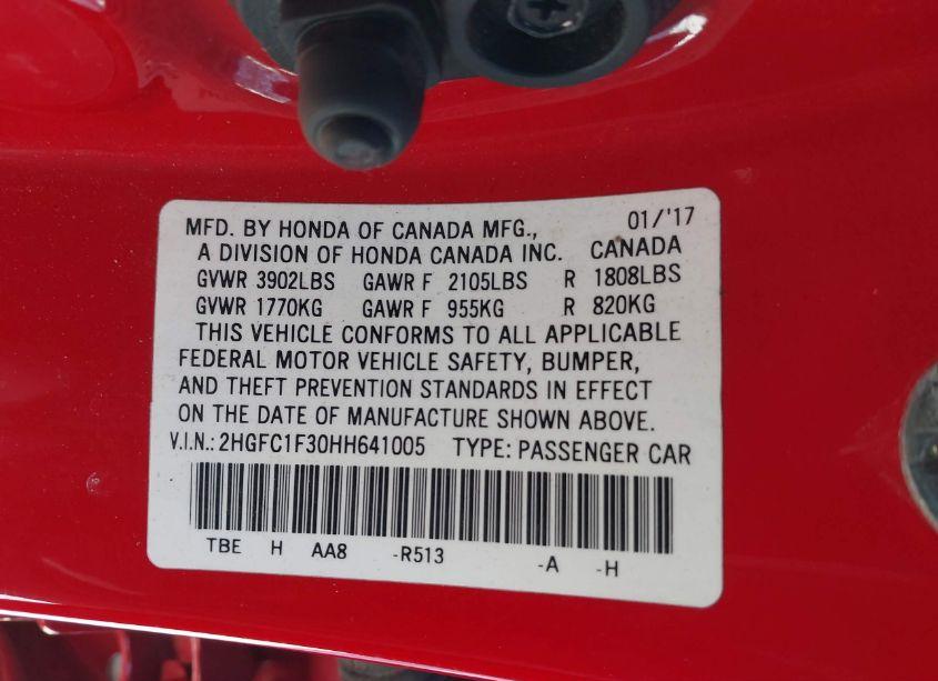 Photo 9 of 2017 Honda Civic EX-T (VIN 2HGFC1F30HH641005)