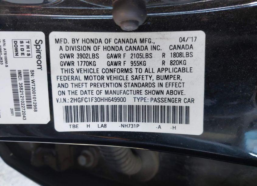 Photo 9 of 2017 Honda Civic EX-T (VIN 2HGFC1F30HH649900)