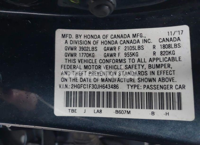 Photo 9 of 2018 Honda Civic EX-T (VIN 2HGFC1F30JH643486)