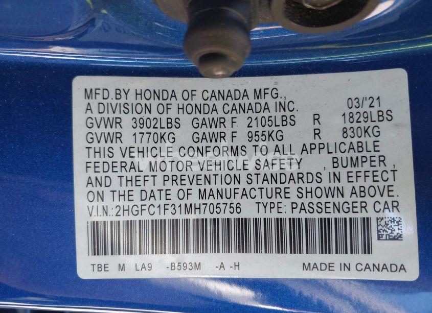 Photo 9 of 2021 Honda Civic EX (VIN 2HGFC1F31MH705756)