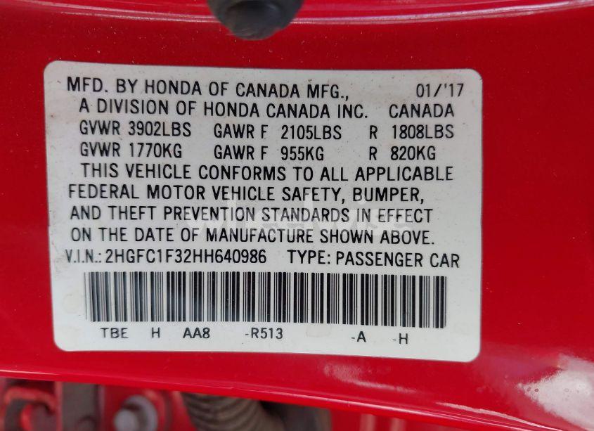Photo 9 of 2017 Honda Civic EX-T (VIN 2HGFC1F32HH640986)