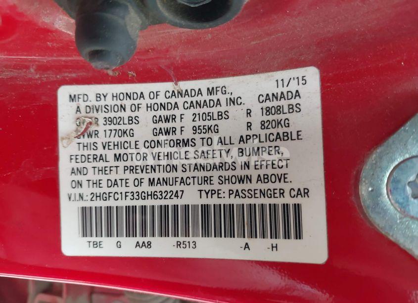 Photo 9 of 2016 Honda Civic EX-T (VIN 2HGFC1F33GH632247)