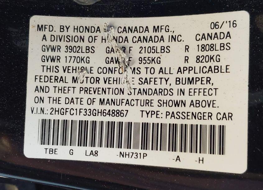 Photo 9 of 2016 Honda Civic EX-T (VIN 2HGFC1F33GH648867)