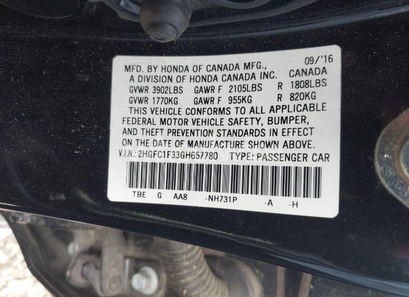 Photo 9 of 2016 Honda Civic EX-T (VIN 2HGFC1F33GH657780)