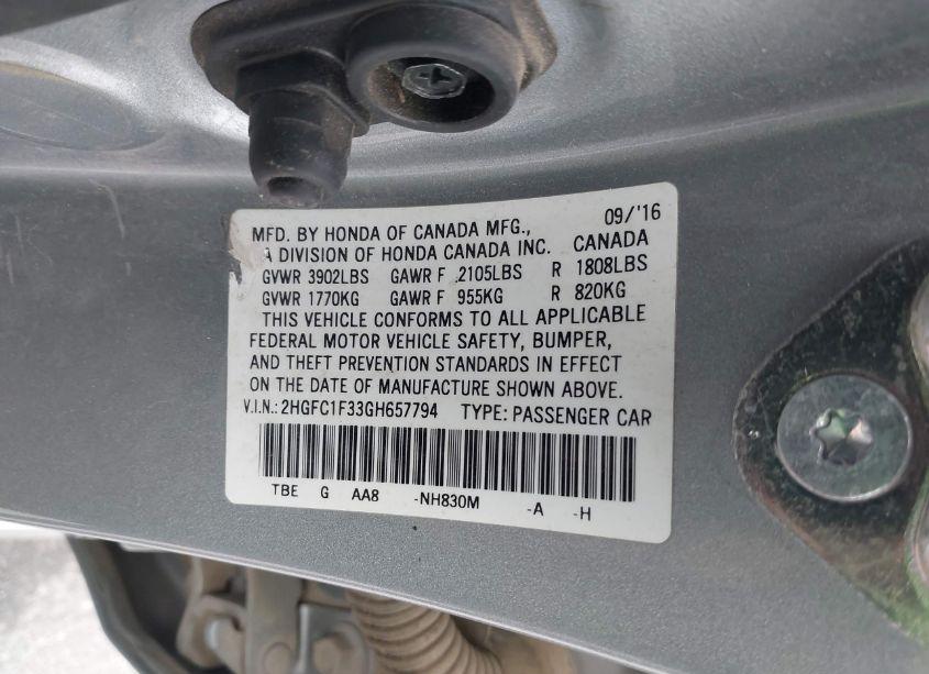 Photo 9 of 2016 Honda Civic EX-T (VIN 2HGFC1F33GH657794)