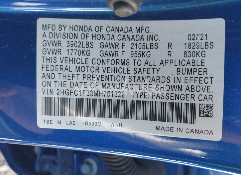 Photo 9 of 2021 Honda Civic EX (VIN 2HGFC1F33MH701322)