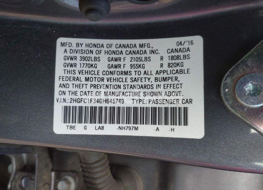 Photo 9 of 2016 Honda Civic EX-T (VIN 2HGFC1F34GH645749)