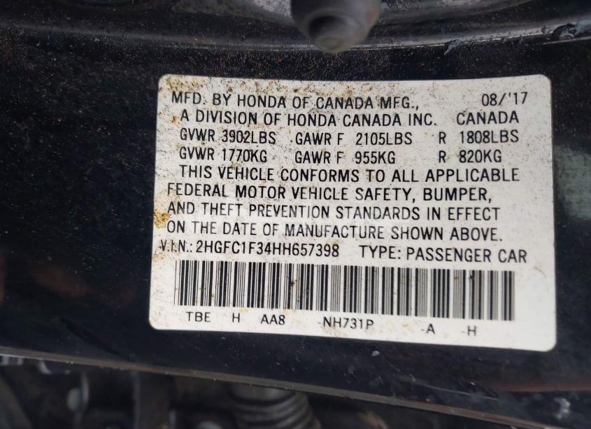 Photo 9 of 2017 Honda Civic EX-T (VIN 2HGFC1F34HH657398)
