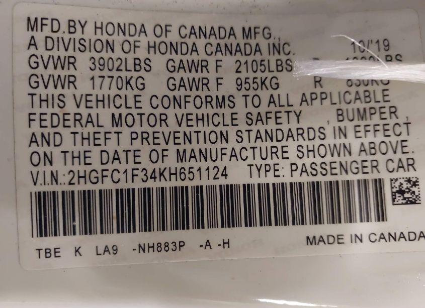 Photo 9 of 2019 Honda Civic EX (VIN 2HGFC1F34KH651124)