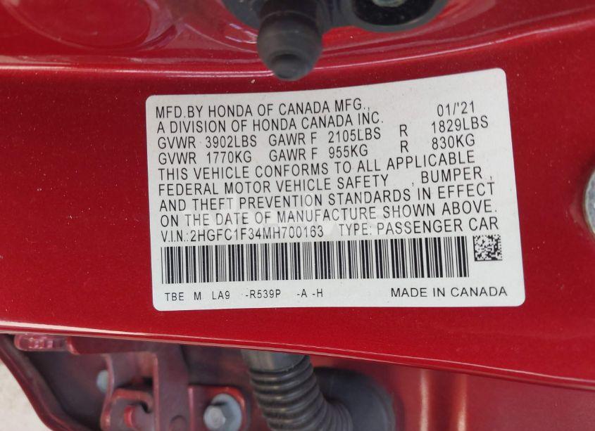 Photo 9 of 2021 Honda Civic EX (VIN 2HGFC1F34MH700163)