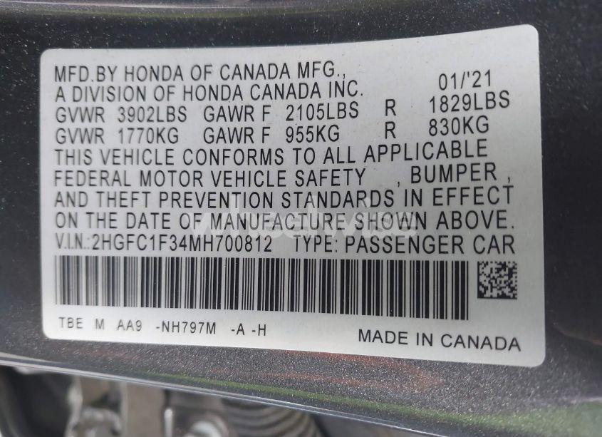 Photo 9 of 2021 Honda Civic EX (VIN 2HGFC1F34MH700812)