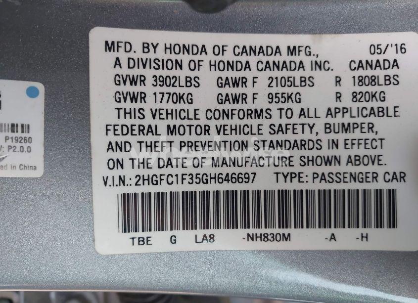 Photo 9 of 2016 Honda Civic EX-T (VIN 2HGFC1F35GH646697)