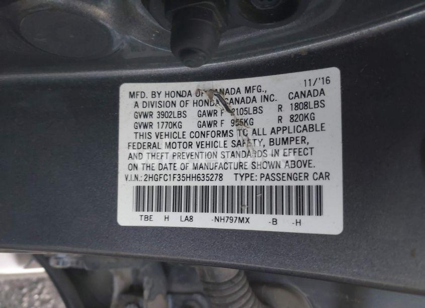 Photo 9 of 2017 Honda Civic EX-T (VIN 2HGFC1F35HH635278)