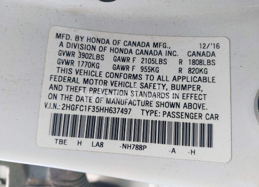 Photo 9 of 2017 Honda Civic EX-T (VIN 2HGFC1F35HH637497)