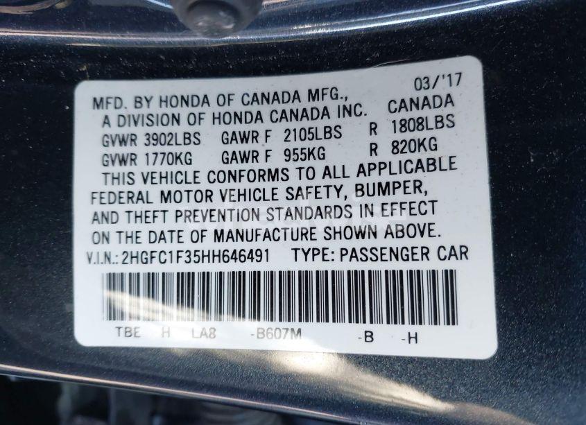 Photo 9 of 2017 Honda Civic EX-T (VIN 2HGFC1F35HH646491)