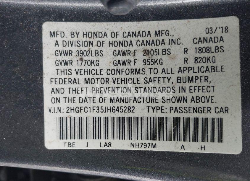 Photo 9 of 2018 Honda Civic EX-T (VIN 2HGFC1F35JH645282)