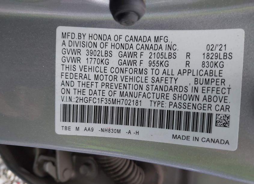 Photo 9 of 2021 Honda Civic EX (VIN 2HGFC1F35MH702181)