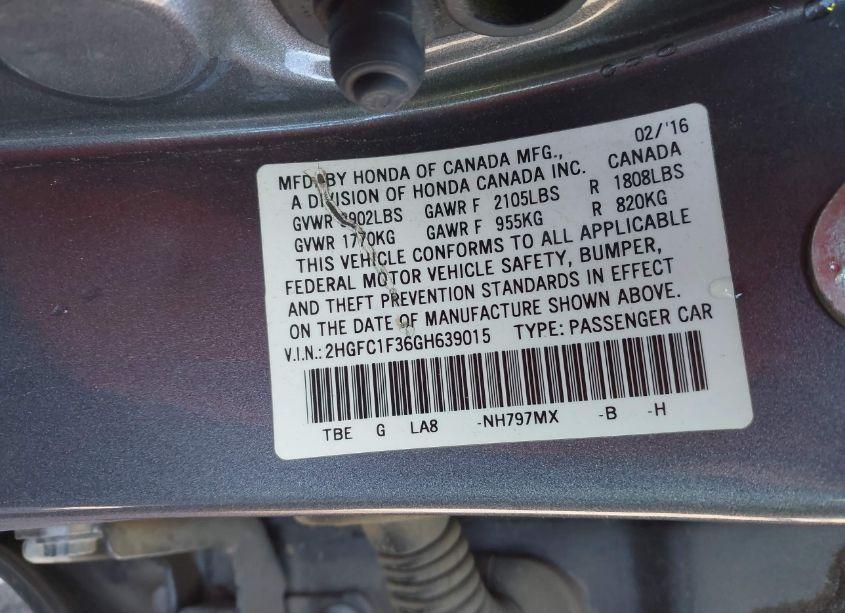 Photo 9 of 2016 Honda Civic EX-T (VIN 2HGFC1F36GH639015)