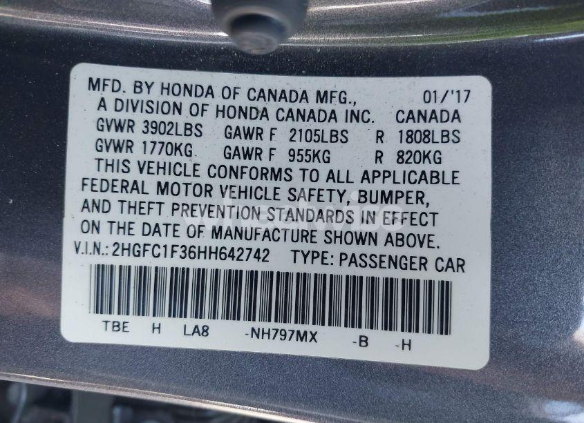 Photo 9 of 2017 Honda Civic EX-T (VIN 2HGFC1F36HH642742)