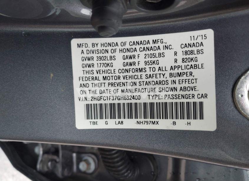 Photo 9 of 2016 Honda Civic EX-T (VIN 2HGFC1F37GH632400)