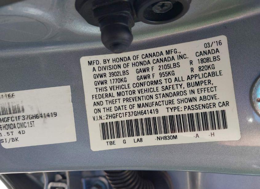 Photo 9 of 2016 Honda Civic EX-T (VIN 2HGFC1F37GH641419)