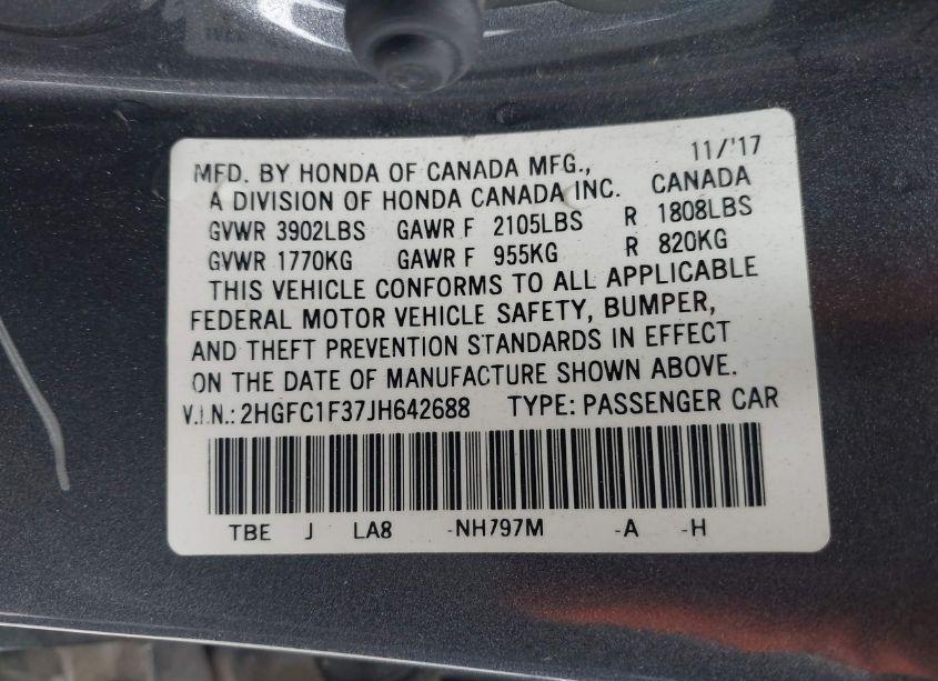 Photo 9 of 2018 Honda Civic EX-T (VIN 2HGFC1F37JH642688)