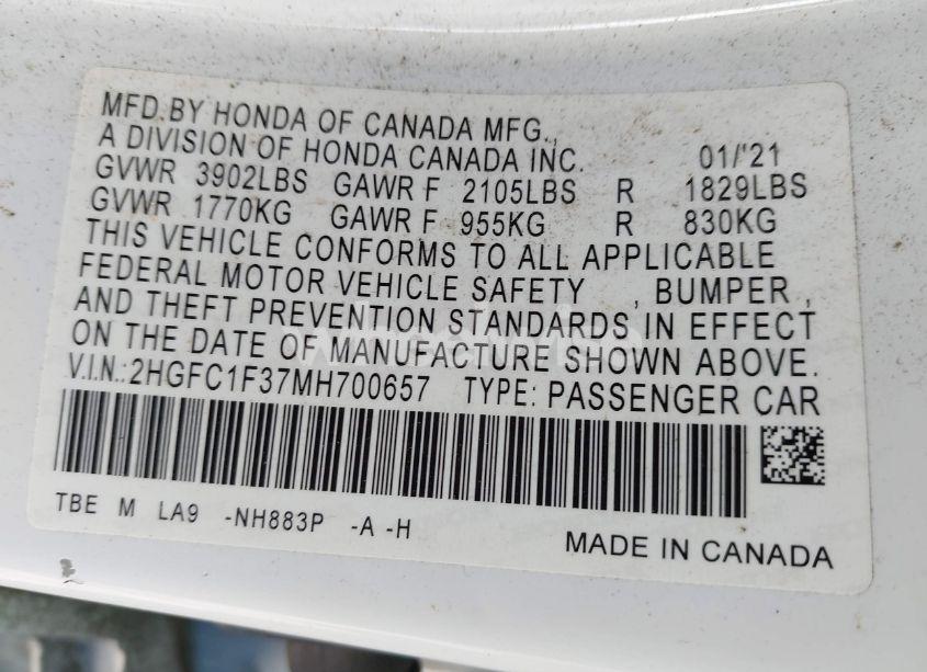 Photo 9 of 2021 Honda Civic EX (VIN 2HGFC1F37MH700657)