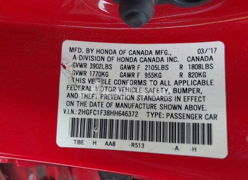 Photo 9 of 2017 Honda Civic EX-T (VIN 2HGFC1F38HH646372)