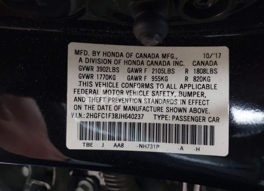 Photo 9 of 2018 Honda Civic EX-T (VIN 2HGFC1F38JH640237)