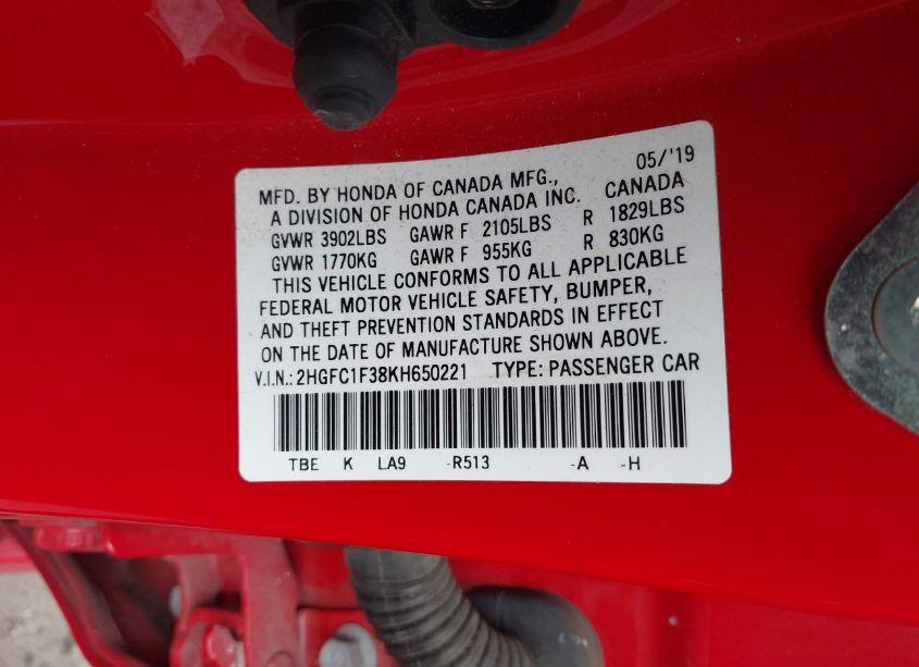 Photo 9 of 2019 Honda Civic EX (VIN 2HGFC1F38KH650221)