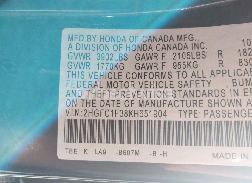 Photo 9 of 2019 Honda Civic EX (VIN 2HGFC1F38KH651904)