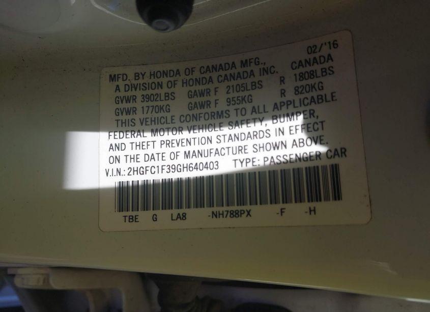 Photo 9 of 2016 Honda Civic EX-T (VIN 2HGFC1F39GH640403)